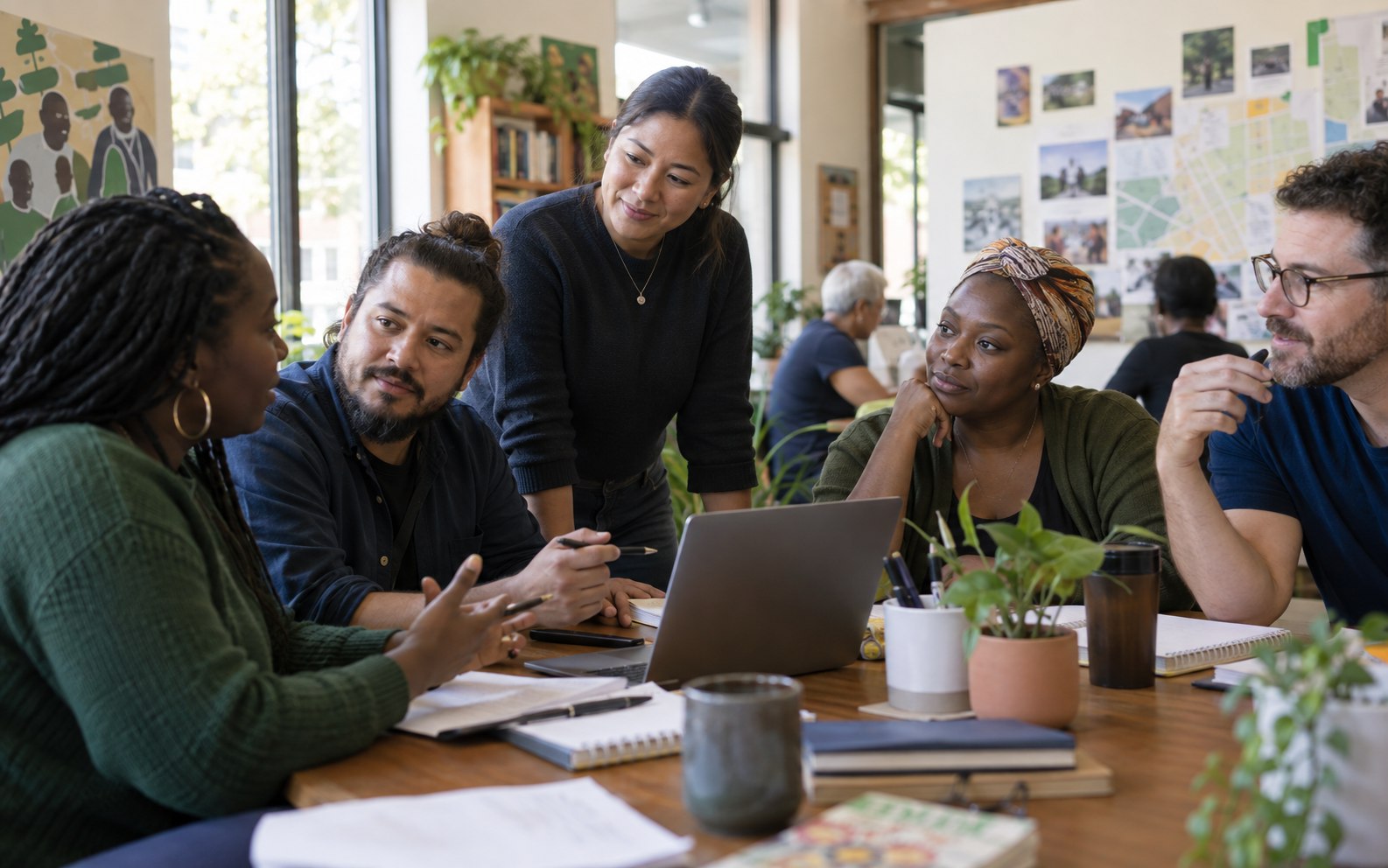 Nonprofit team collaborating in a community workspace